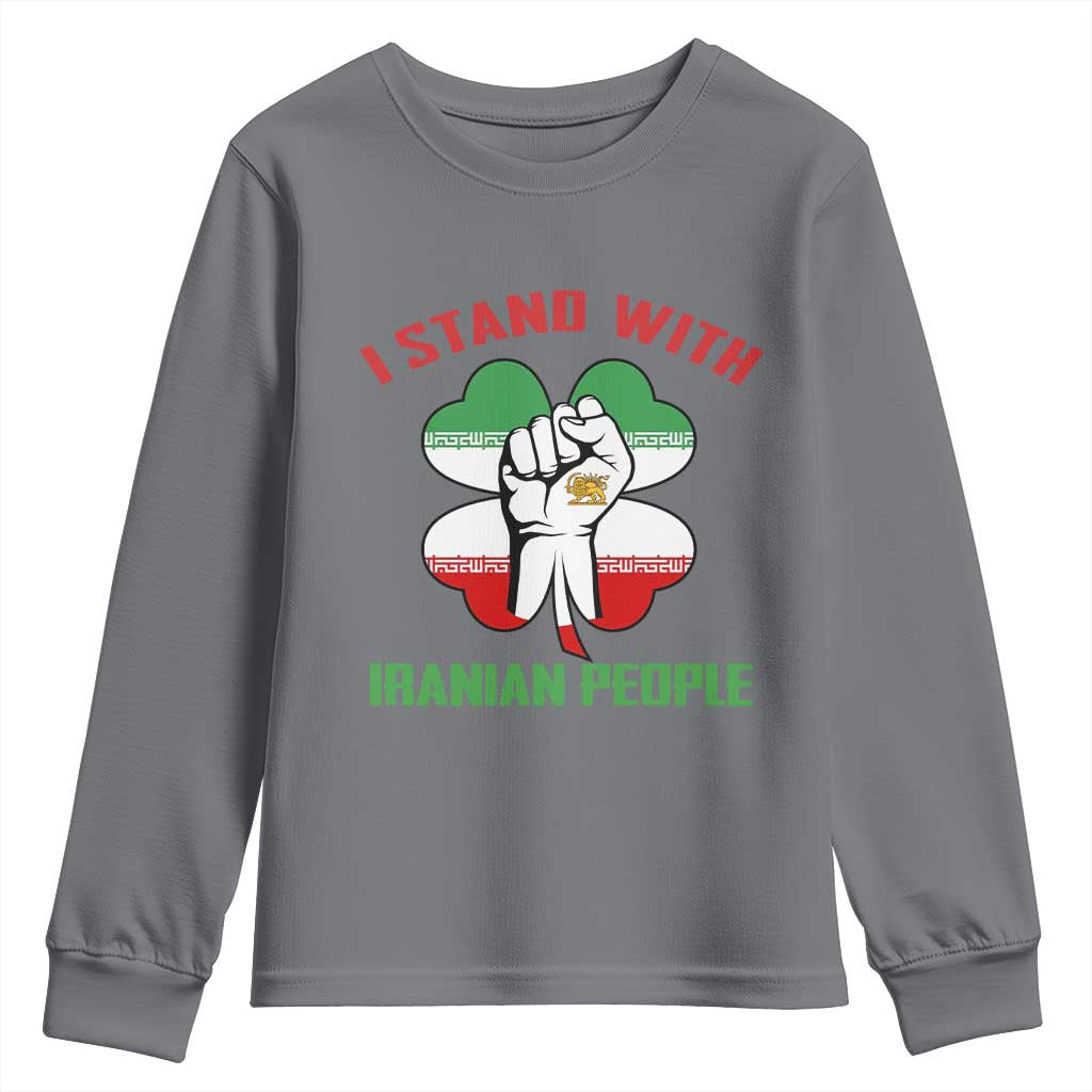 I Stand With Iranian People Freedom Supporters Youth Sweatshirt Raised Fist Persian Flag Iran Revolution TS02 Charcoal Print Your Wear