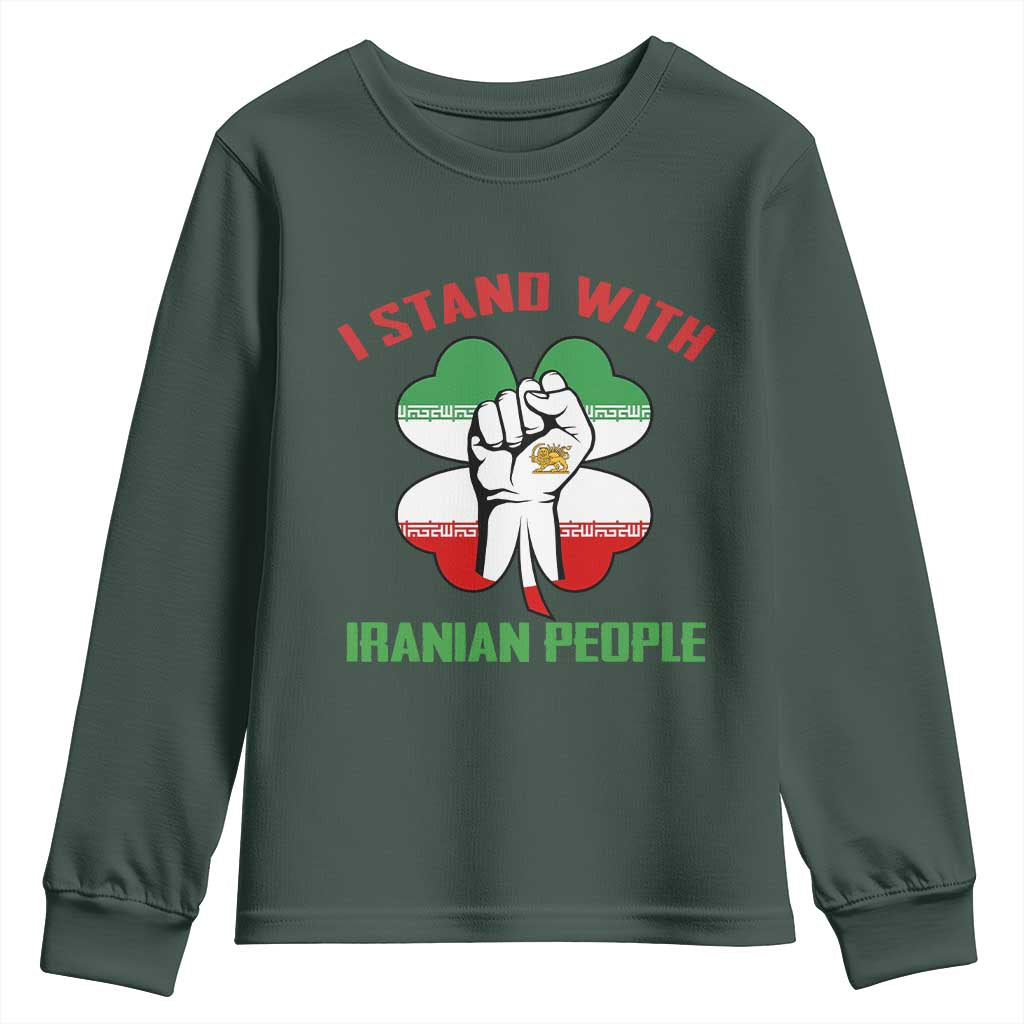 I Stand With Iranian People Freedom Supporters Youth Sweatshirt Raised Fist Persian Flag Iran Revolution TS02 Dark Forest Green Print Your Wear