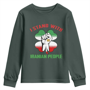 I Stand With Iranian People Freedom Supporters Youth Sweatshirt Raised Fist Persian Flag Iran Revolution TS02 Dark Forest Green Print Your Wear
