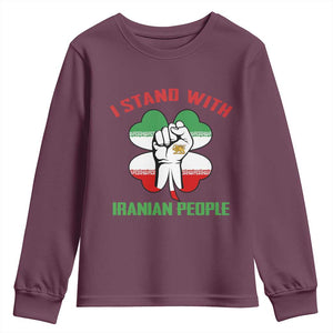 I Stand With Iranian People Freedom Supporters Youth Sweatshirt Raised Fist Persian Flag Iran Revolution TS02 Maroon Print Your Wear