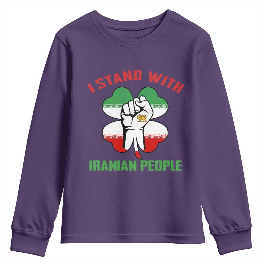 I Stand With Iranian People Freedom Supporters Youth Sweatshirt Raised Fist Persian Flag Iran Revolution TS02 Purple Print Your Wear