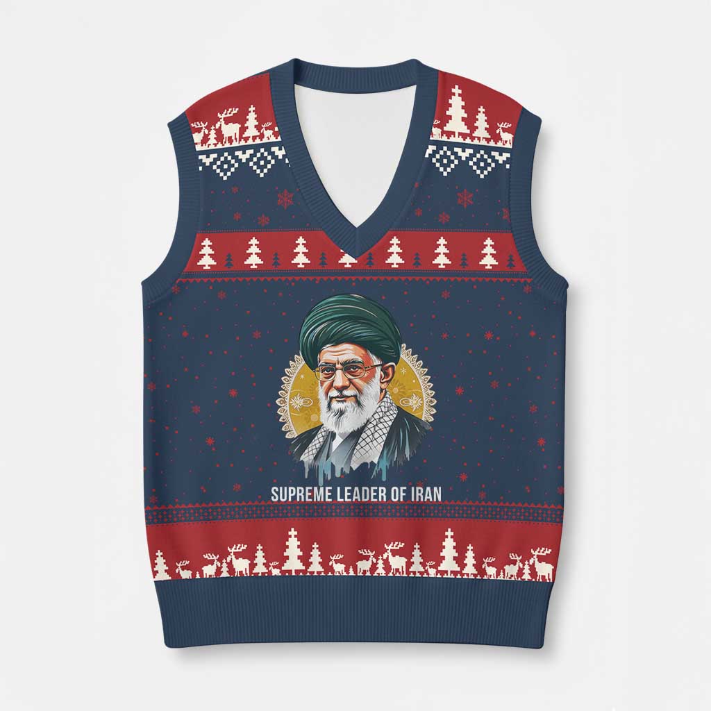 Supreme Leader Of Iran Graphic Portrait V-Neck Knit Sweater Vest Iranian Political Figure TS02 Navy Red Print Your Wear