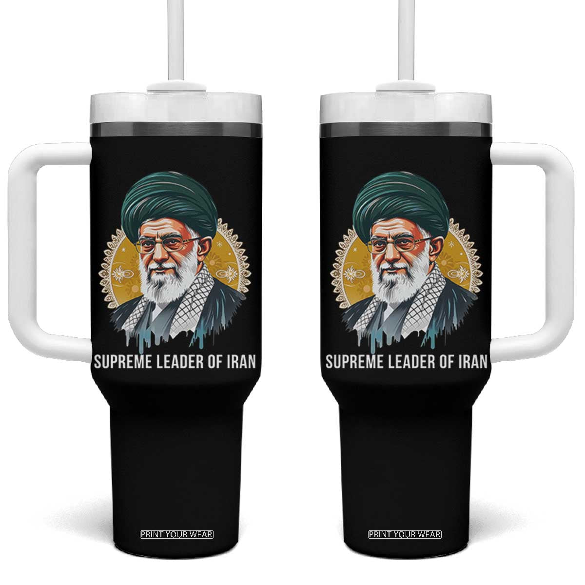 Supreme Leader Of Iran Graphic Portrait Tumbler With Handle Iranian Political Figure TS02 One Size: 40 oz Black Print Your Wear