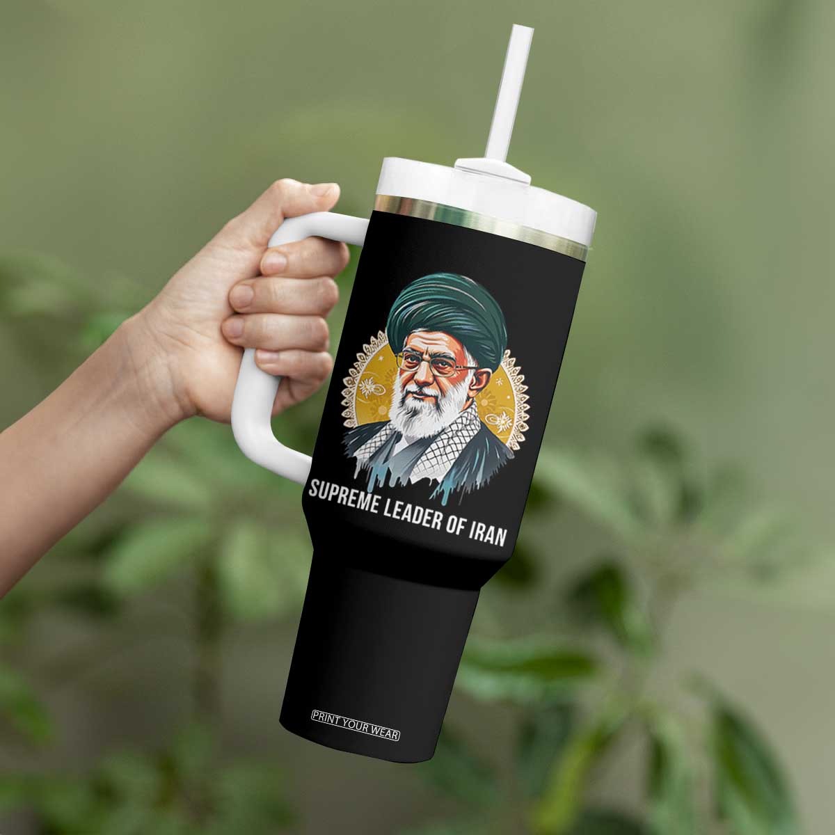 Supreme Leader Of Iran Graphic Portrait Tumbler With Handle Iranian Political Figure TS02 Print Your Wear