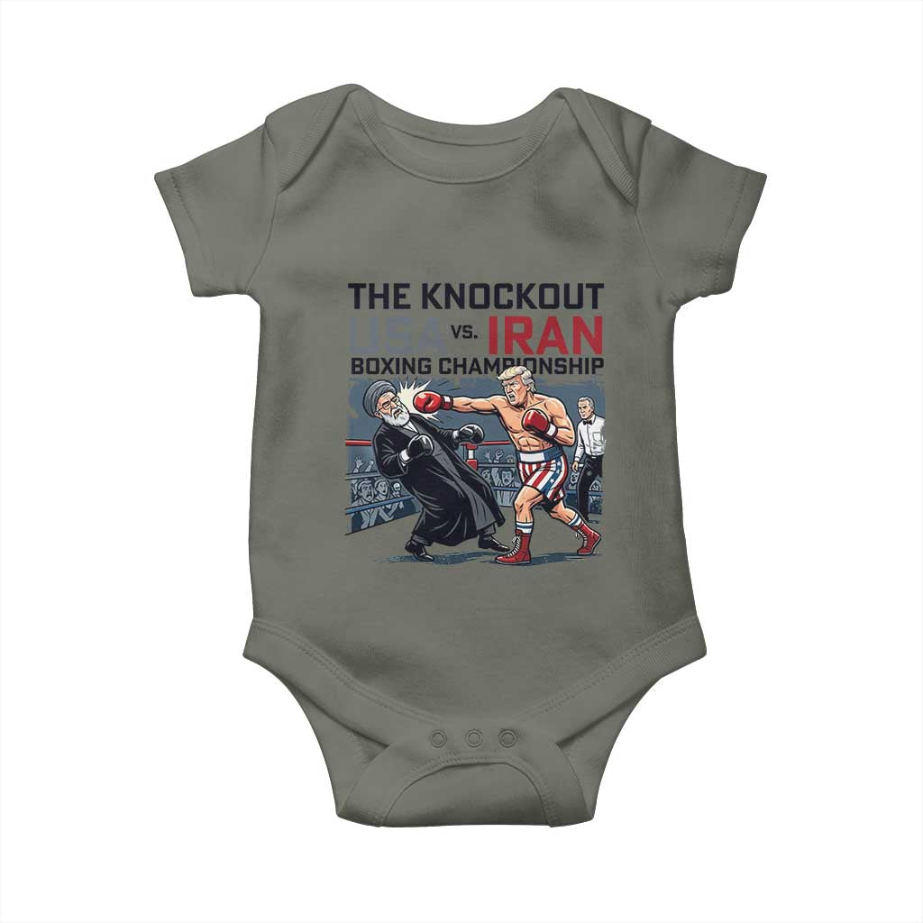 Sarcastic USA vs Iran Knockout Boxing Championship Baby Onesie Funny Political Satire Fight Night TS02 Military Green Print Your Wear