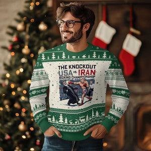 Sarcastic USA vs Iran Knockout Boxing Championship Ugly Christmas Sweater Funny Political Satire Fight Night TS02 Beige Green Print Your Wear