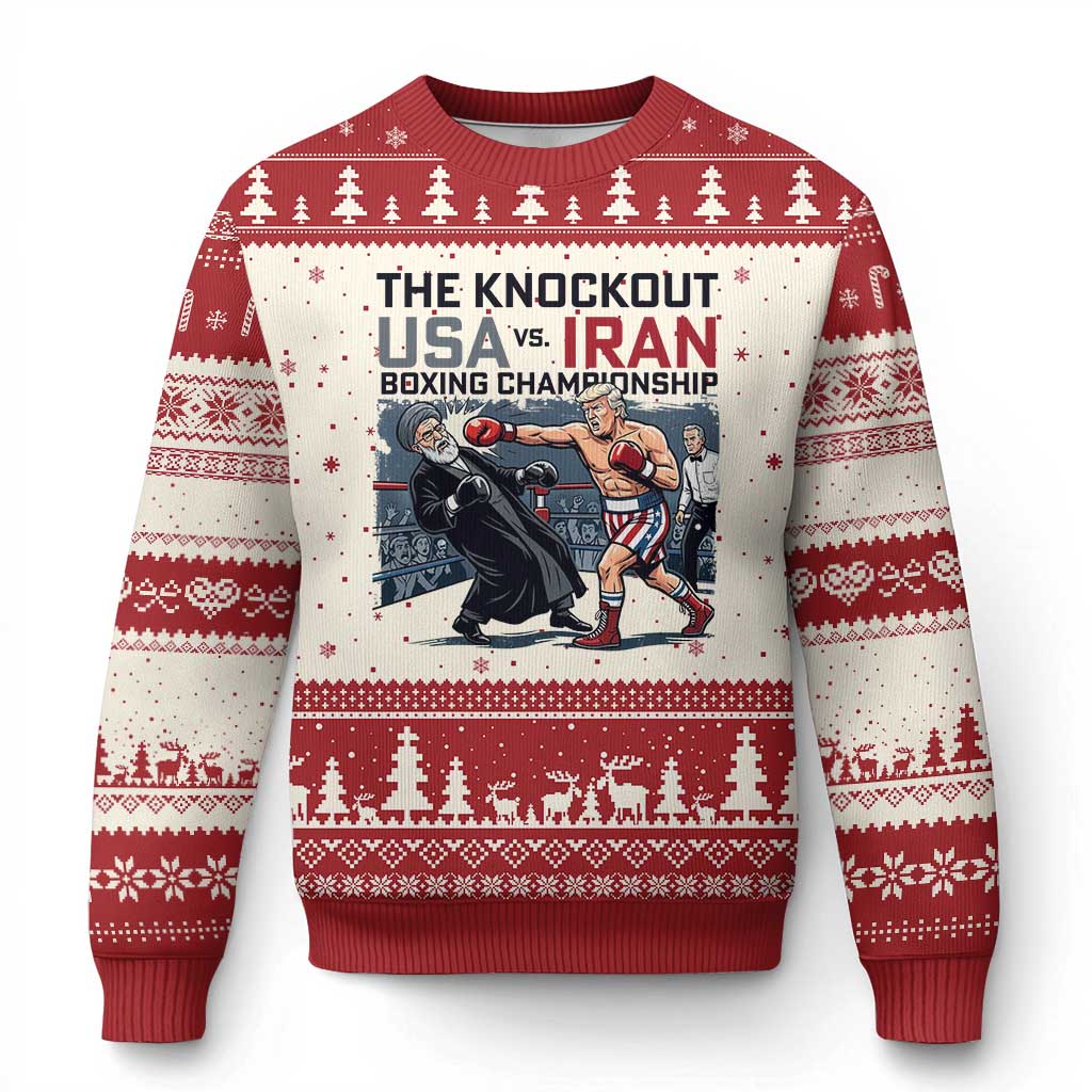 Sarcastic USA vs Iran Knockout Boxing Championship Ugly Christmas Sweater Funny Political Satire Fight Night TS02 Beige Red Print Your Wear