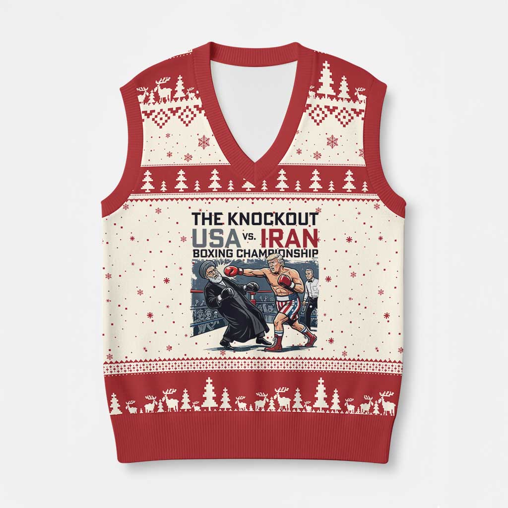 Sarcastic USA vs Iran Knockout Boxing Championship V-Neck Knit Sweater Vest Funny Political Satire Fight Night TS02 Beige Red Print Your Wear
