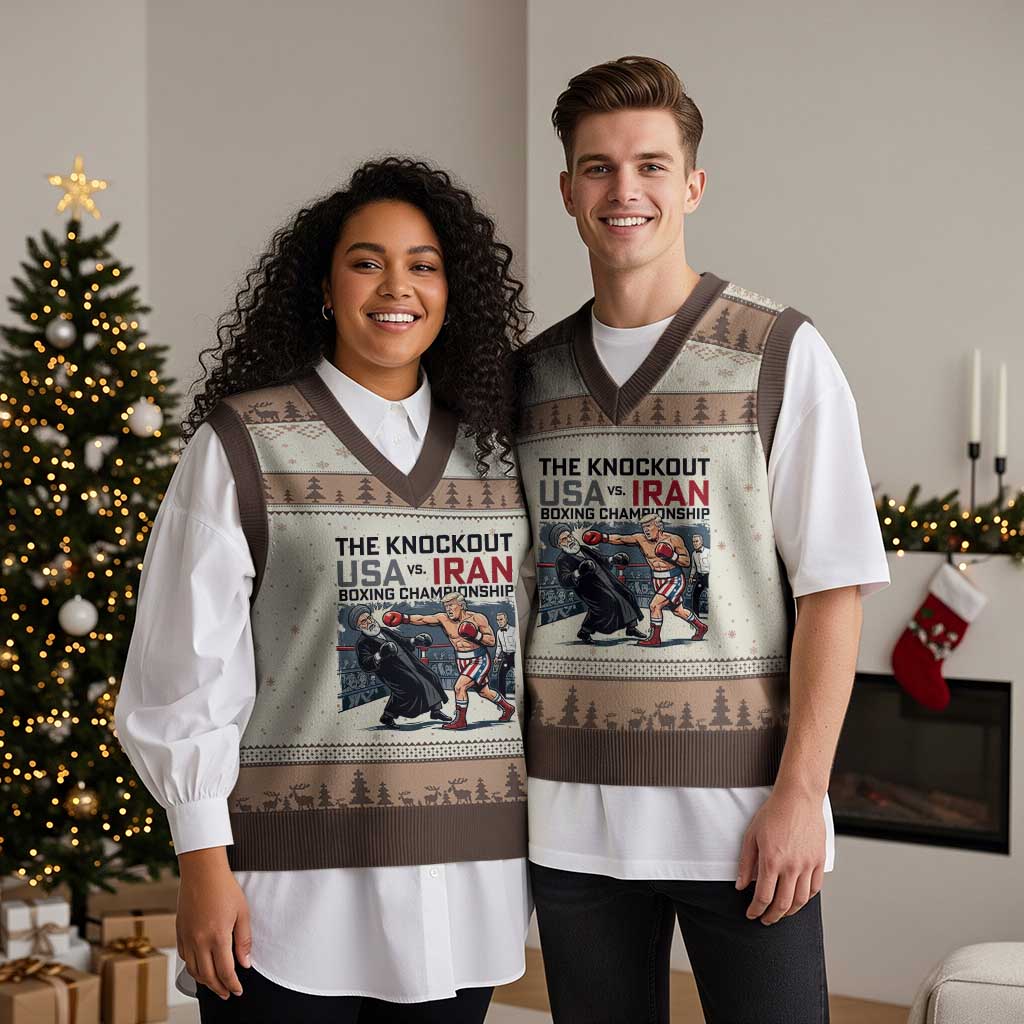 Sarcastic USA vs Iran Knockout Boxing Championship V-Neck Knit Sweater Vest Funny Political Satire Fight Night TS02 Mocha Mousse Print Your Wear