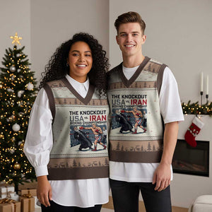 Sarcastic USA vs Iran Knockout Boxing Championship V-Neck Knit Sweater Vest Funny Political Satire Fight Night TS02 Mocha Mousse Print Your Wear