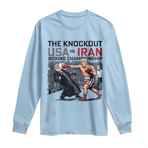 Sarcastic USA vs Iran Knockout Boxing Championship Long Sleeve Shirt Funny Political Satire Fight Night TS02 Light Blue Print Your Wear
