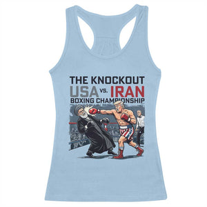 Sarcastic USA vs Iran Knockout Boxing Championship Racerback Tank Top Funny Political Satire Fight Night TS02 Light Blue Print Your Wear