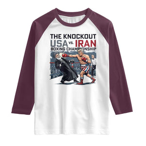 Sarcastic USA vs Iran Knockout Boxing Championship Raglan Shirt Funny Political Satire Fight Night TS02 White Maroon Print Your Wear