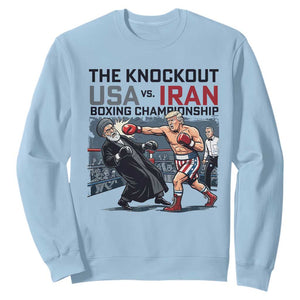 Sarcastic USA vs Iran Knockout Boxing Championship Sweatshirt Funny Political Satire Fight Night TS02 Light Blue Print Your Wear