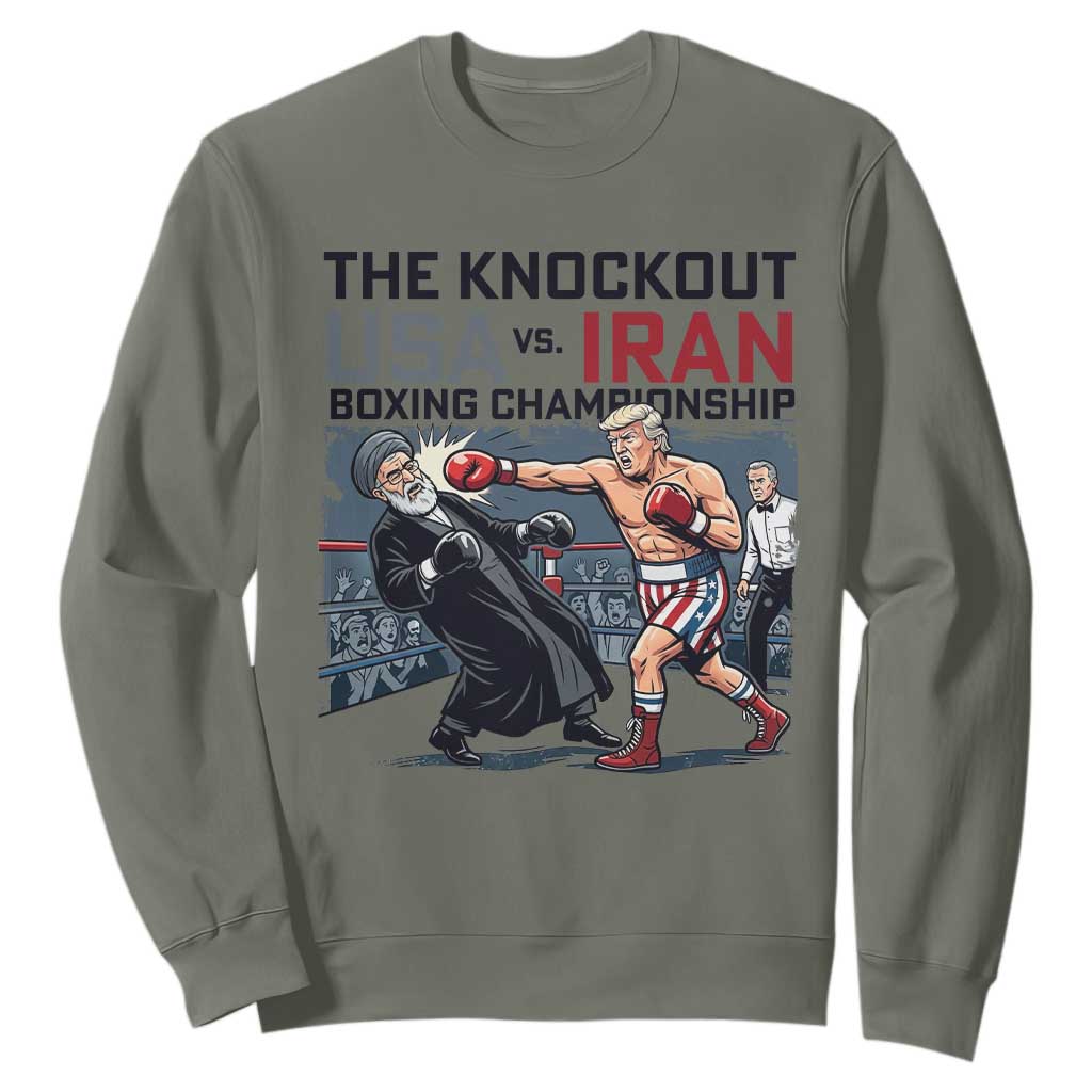 Sarcastic USA vs Iran Knockout Boxing Championship Sweatshirt Funny Political Satire Fight Night TS02 Military Green Print Your Wear