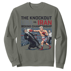 Sarcastic USA vs Iran Knockout Boxing Championship Sweatshirt Funny Political Satire Fight Night TS02 Military Green Print Your Wear
