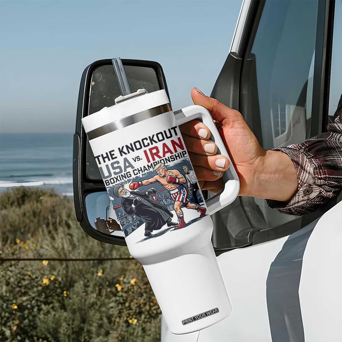 Sarcastic USA vs Iran Knockout Boxing Championship Tumbler With Handle Funny Political Satire Fight Night TS02 Print Your Wear