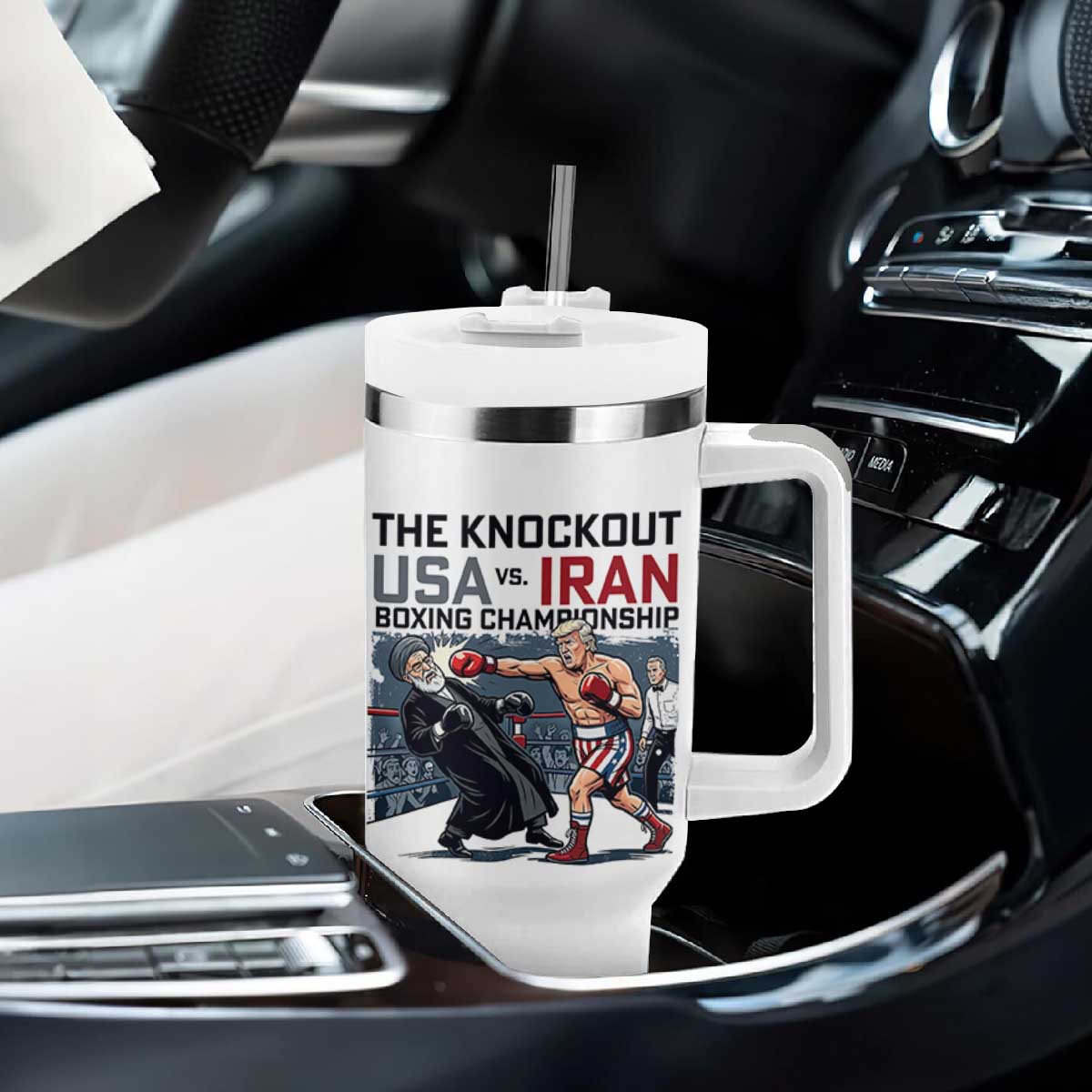 Sarcastic USA vs Iran Knockout Boxing Championship Tumbler With Handle Funny Political Satire Fight Night TS02 Print Your Wear