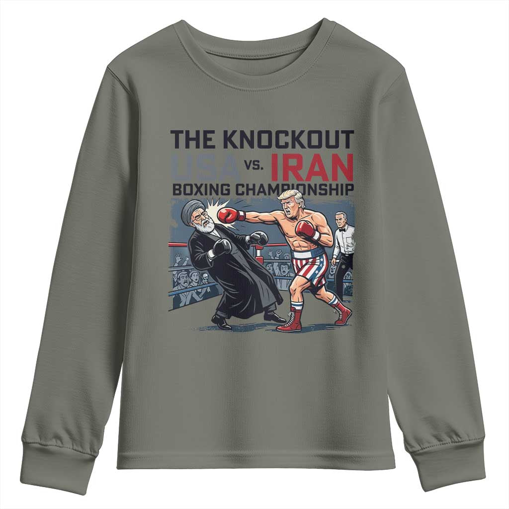 Sarcastic USA vs Iran Knockout Boxing Championship Youth Sweatshirt Funny Political Satire Fight Night TS02 Military Green Print Your Wear