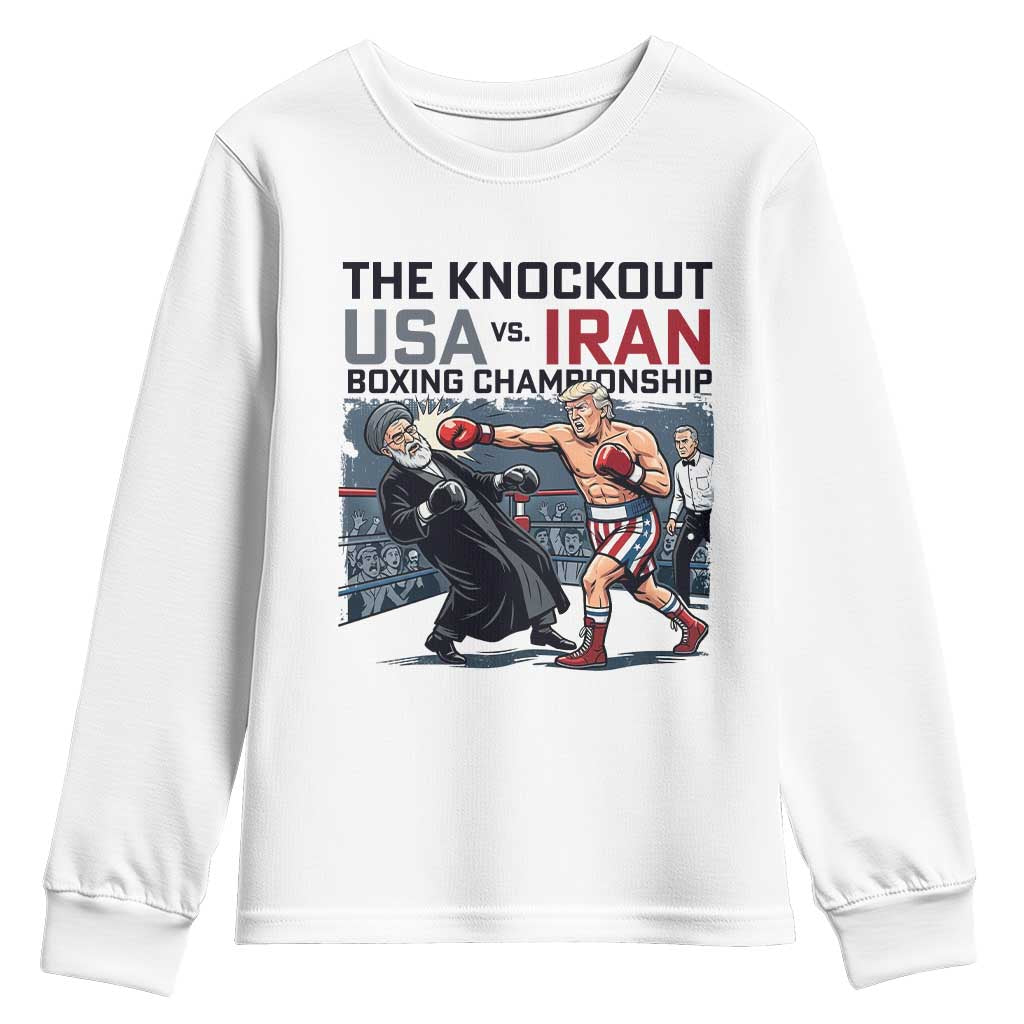 Sarcastic USA vs Iran Knockout Boxing Championship Youth Sweatshirt Funny Political Satire Fight Night TS02 White Print Your Wear