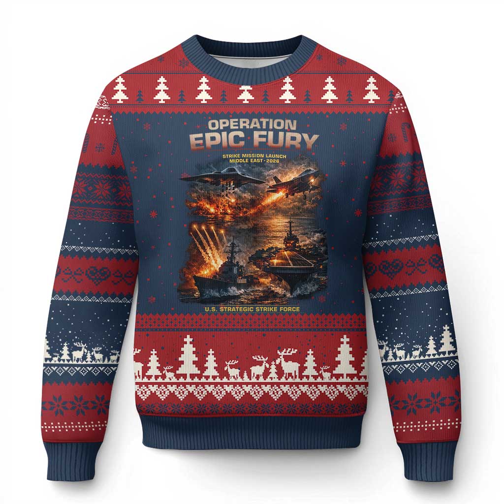 Operation Epic Fury Strike Mission 2026 Graphic Ugly Christmas Sweater U.S. Strategic Strike Force Military Action TS02 Navy Red Print Your Wear