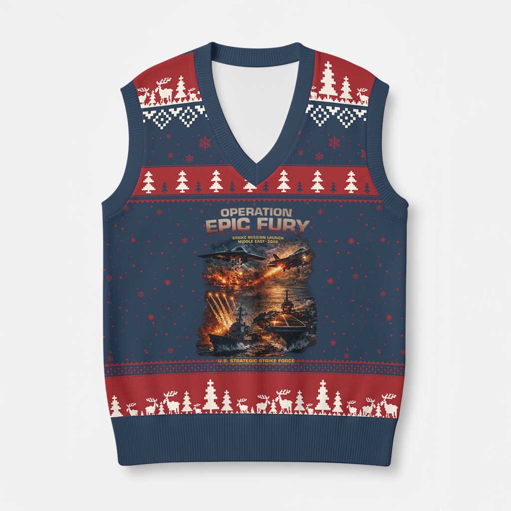 Operation Epic Fury Strike Mission 2026 Graphic V-Neck Knit Sweater Vest U.S. Strategic Strike Force Military Action TS02 Navy Red Print Your Wear