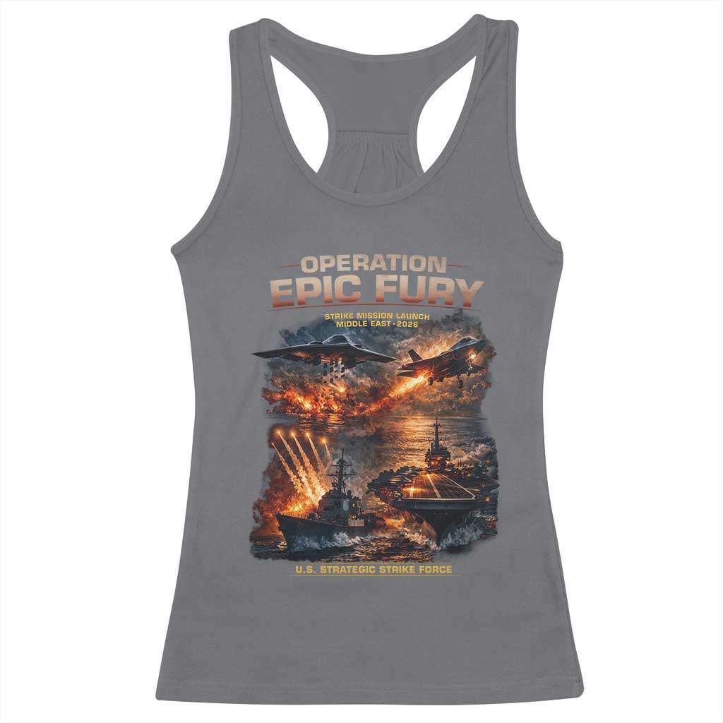Operation Epic Fury Strike Mission 2026 Graphic Racerback Tank Top U.S. Strategic Strike Force Military Action TS02 Charcoal Print Your Wear