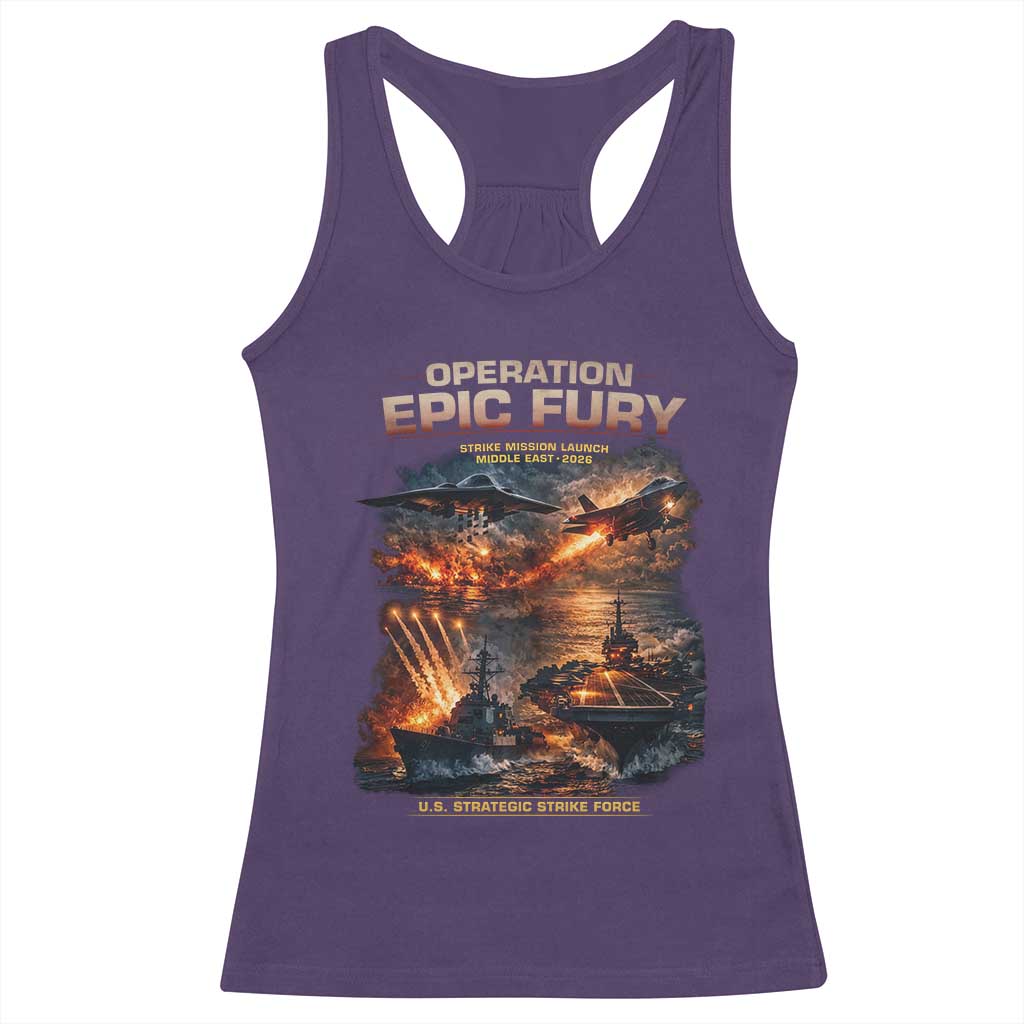 Operation Epic Fury Strike Mission 2026 Graphic Racerback Tank Top U.S. Strategic Strike Force Military Action TS02 Purple Print Your Wear