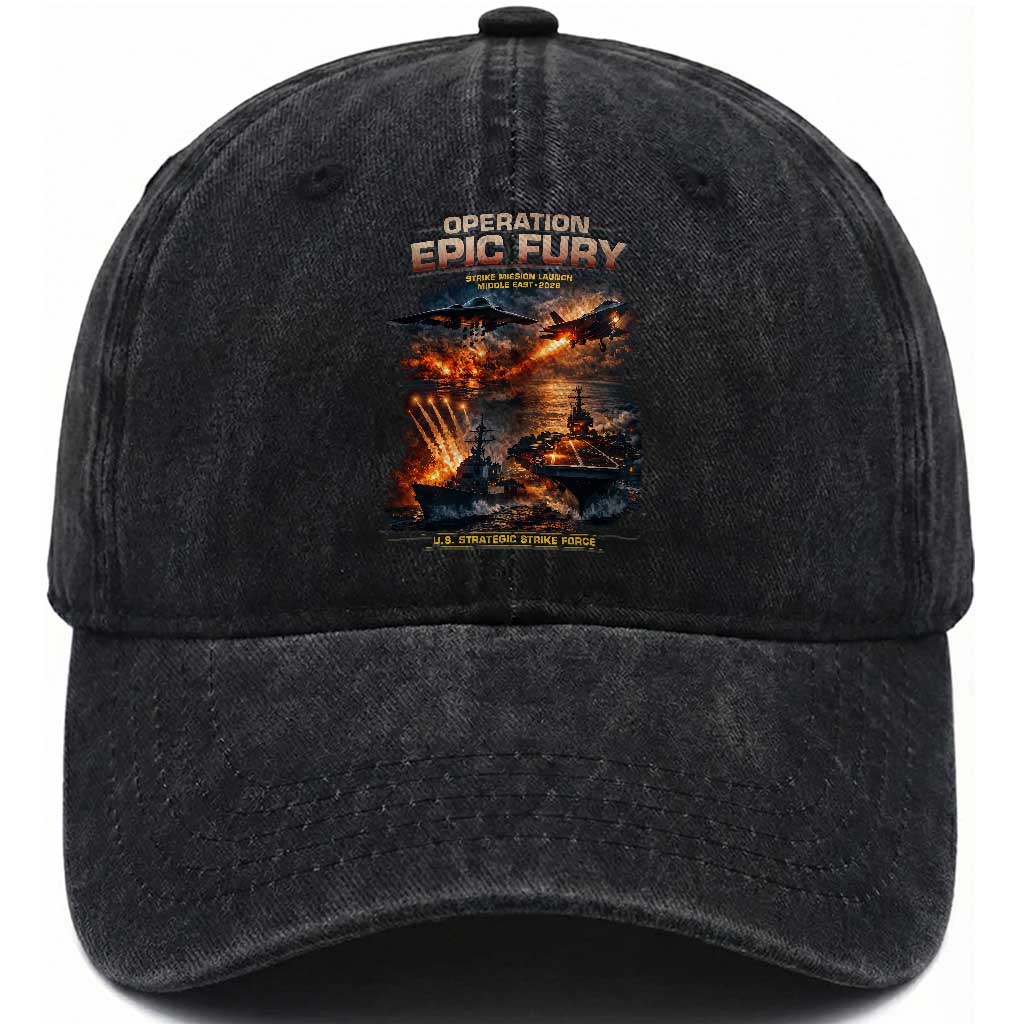 Operation Epic Fury Strike Mission 2026 Graphic Washed Cotton Baseball Cap U.S. Strategic Strike Force Military Action TS02 Washed Cap Universal Fit Black Print Your Wear