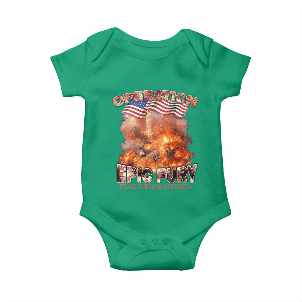 Operation Epic Fury Peace Through Strength Baby Onesie Patriotic Explosion America Power TS02 Irish Green Print Your Wear