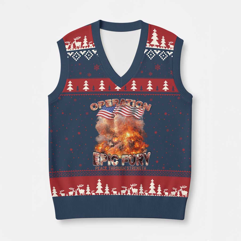 Operation Epic Fury Peace Through Strength V-Neck Knit Sweater Vest Patriotic Explosion America Power TS02 Navy Red Print Your Wear
