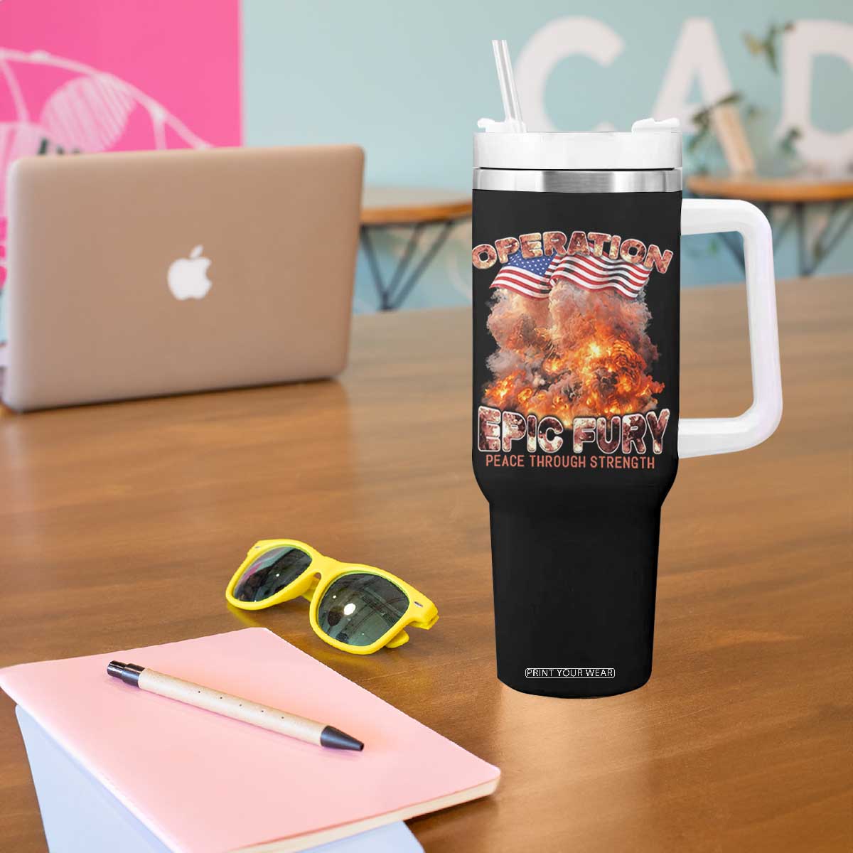 Operation Epic Fury Peace Through Strength Tumbler With Handle Patriotic Explosion America Power TS02 Print Your Wear