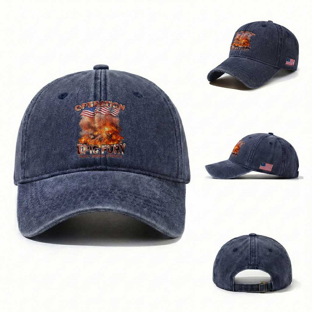 Operation Epic Fury Peace Through Strength Washed Cotton Baseball Cap Patriotic Explosion America Power TS02 Washed Cap Universal Fit Navy Print Your Wear
