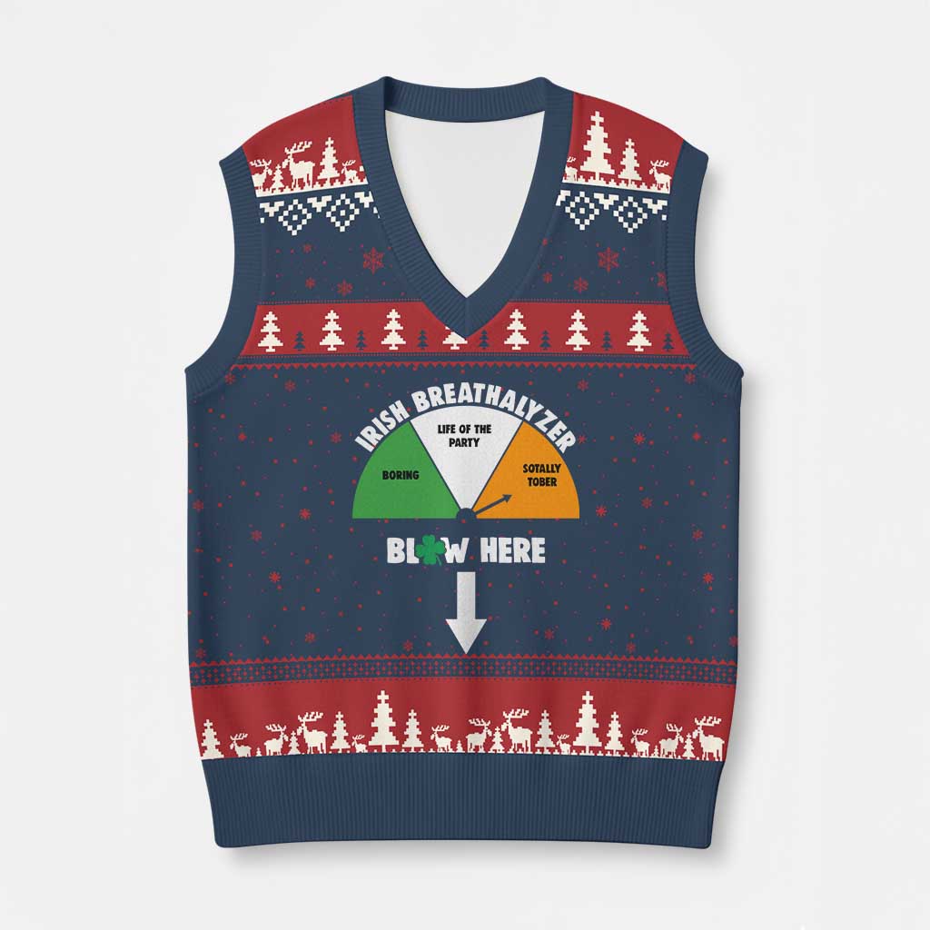 Irish Breathalyzer Blow Here Funny Drinking Gauge V-Neck Knit Sweater Vest St Patricks Day Party Offensive Adult Humor TS02 Navy Red Print Your Wear