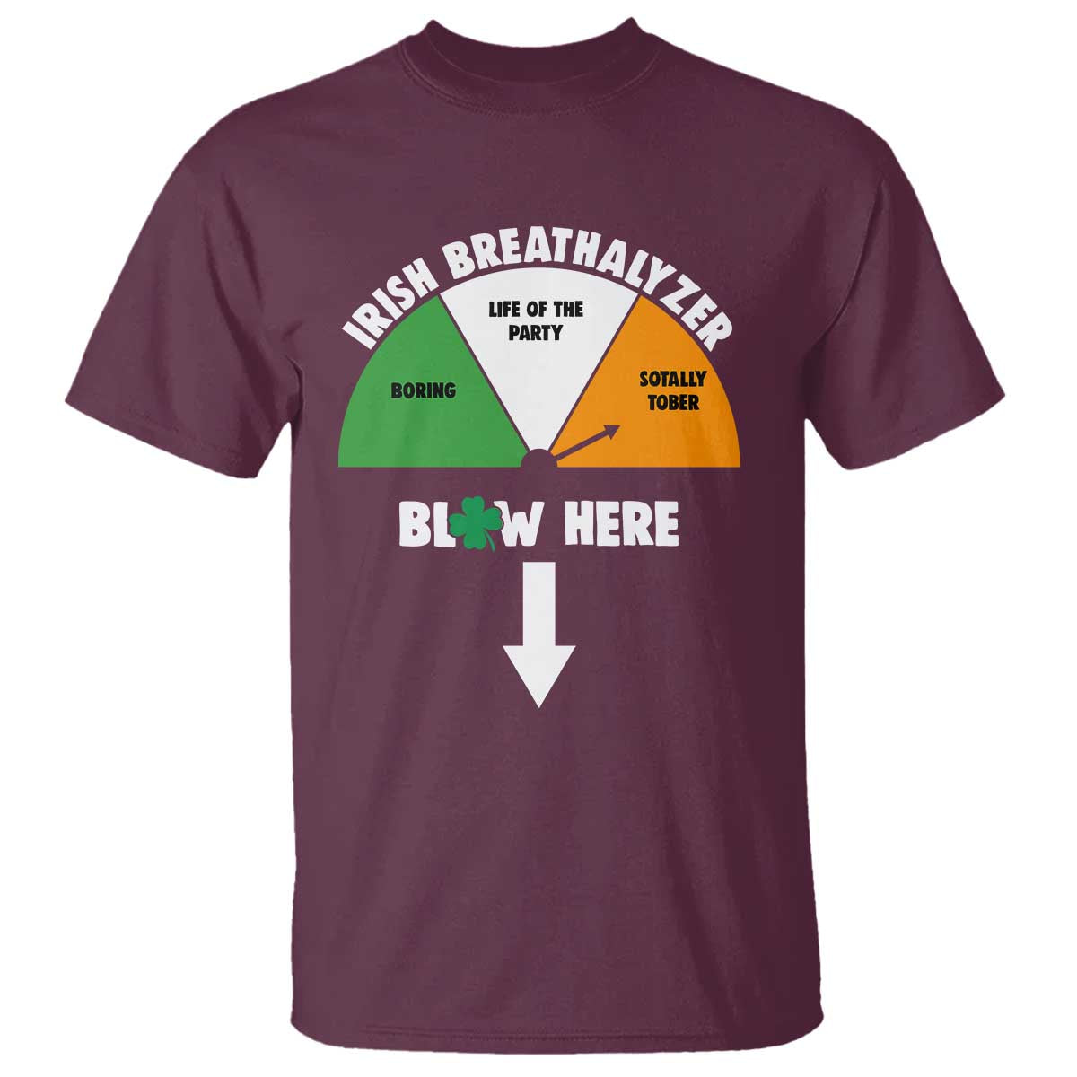 Irish Breathalyzer Blow Here Funny Drinking Gauge T Shirt St Patricks Day Party Offensive Adult Humor TS02 Maroon Print Your Wear