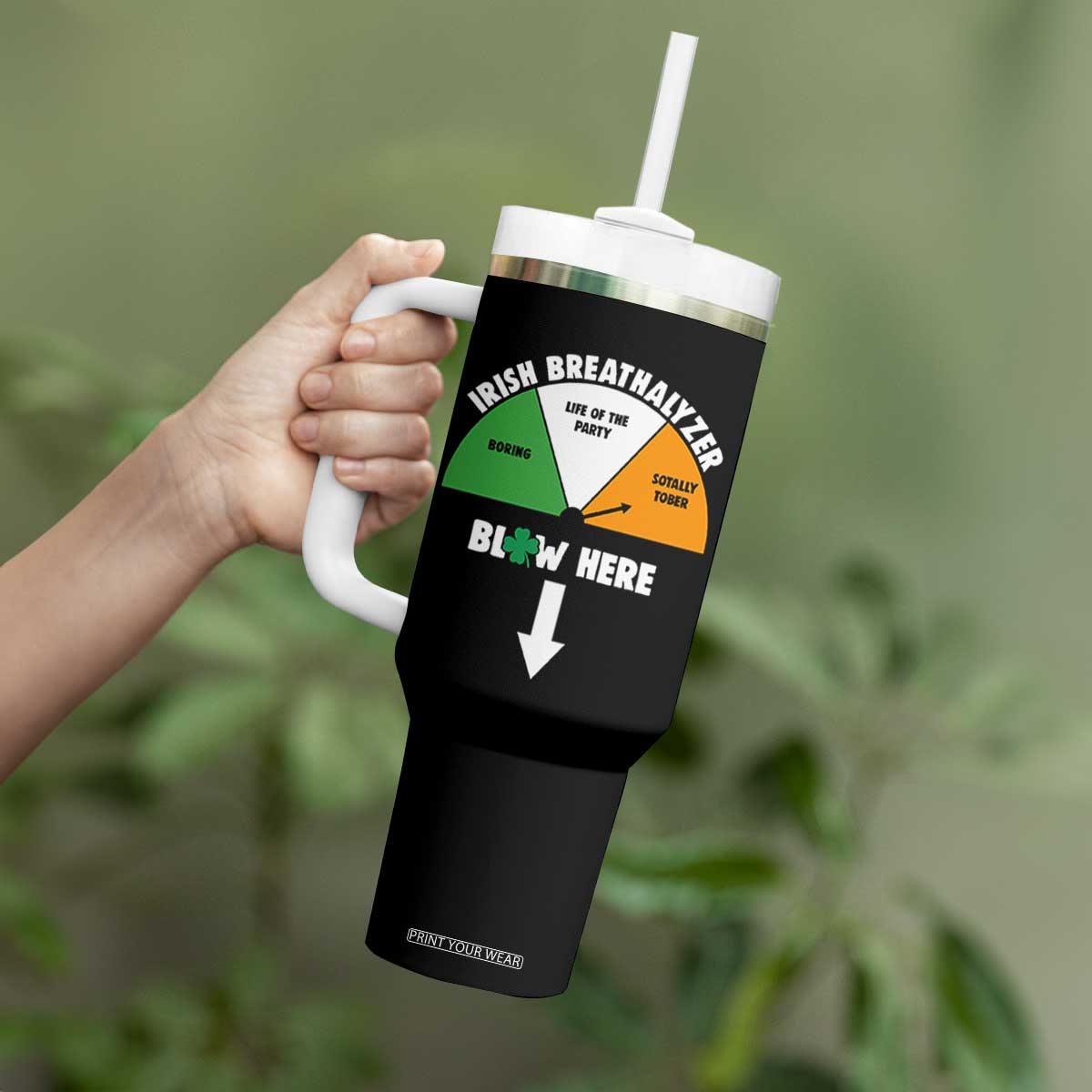 Irish Breathalyzer Blow Here Funny Drinking Gauge Tumbler With Handle St Patricks Day Party Offensive Adult Humor TS02 Print Your Wear