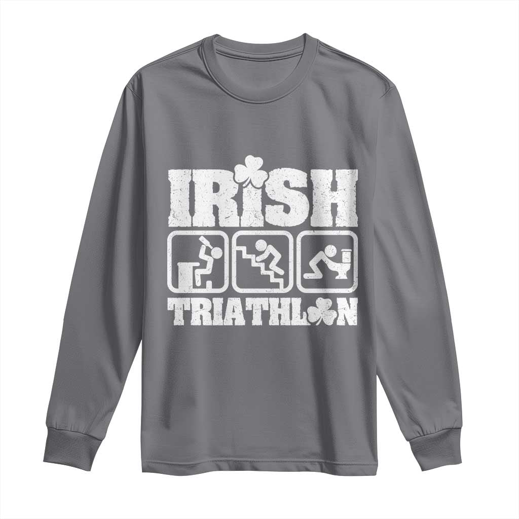 Irish Triathlon Funny Drinking Challenge Long Sleeve Shirt St Patricks Day Beer Party Humor TS02 Charcoal Print Your Wear