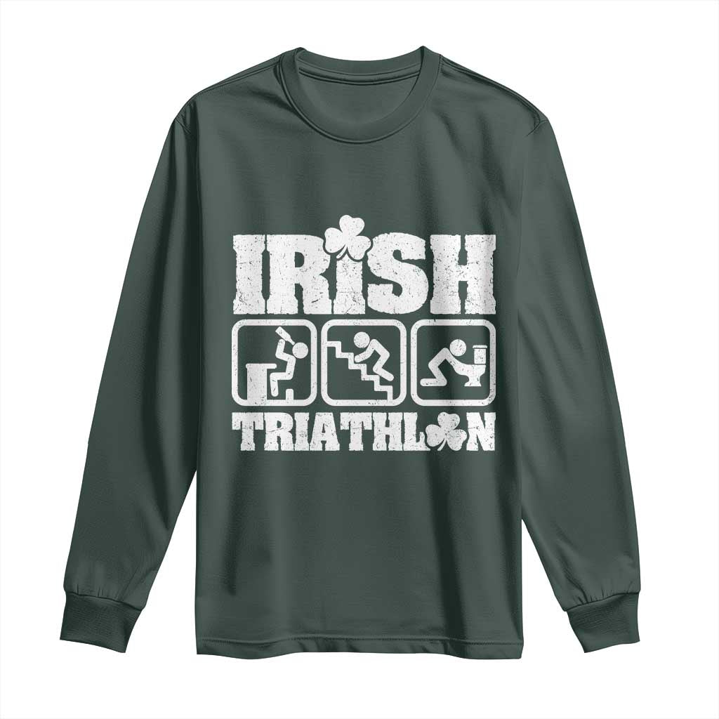 Irish Triathlon Funny Drinking Challenge Long Sleeve Shirt St Patricks Day Beer Party Humor TS02 Dark Forest Green Print Your Wear