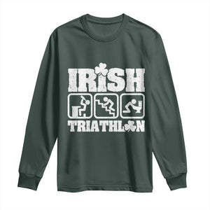 Irish Triathlon Funny Drinking Challenge Long Sleeve Shirt St Patricks Day Beer Party Humor TS02 Dark Forest Green Print Your Wear