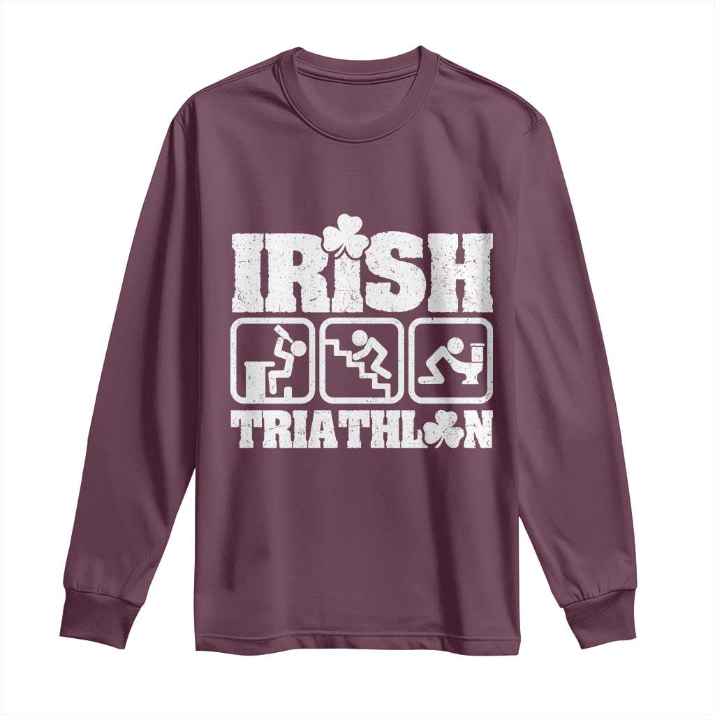 Irish Triathlon Funny Drinking Challenge Long Sleeve Shirt St Patricks Day Beer Party Humor TS02 Maroon Print Your Wear