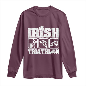Irish Triathlon Funny Drinking Challenge Long Sleeve Shirt St Patricks Day Beer Party Humor TS02 Maroon Print Your Wear