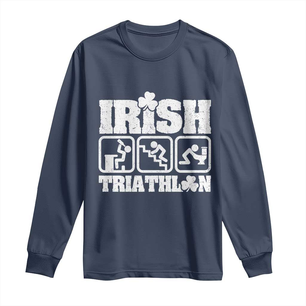 Irish Triathlon Funny Drinking Challenge Long Sleeve Shirt St Patricks Day Beer Party Humor TS02 Navy Print Your Wear