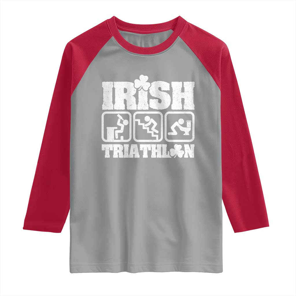 Irish Triathlon Funny Drinking Challenge Raglan Shirt St Patricks Day Beer Party Humor TS02 Sport Gray Red Print Your Wear