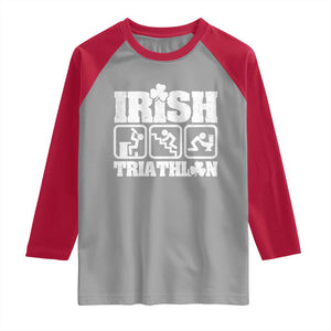Irish Triathlon Funny Drinking Challenge Raglan Shirt St Patricks Day Beer Party Humor TS02 Sport Gray Red Print Your Wear