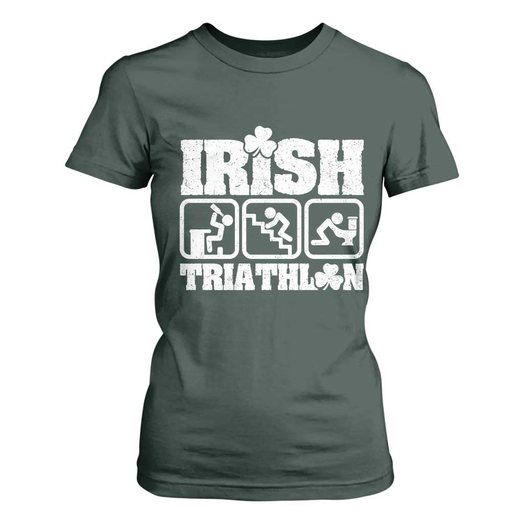 Irish Triathlon Funny Drinking Challenge T Shirt For Women St Patricks Day Beer Party Humor TS02 Dark Forest Green Print Your Wear