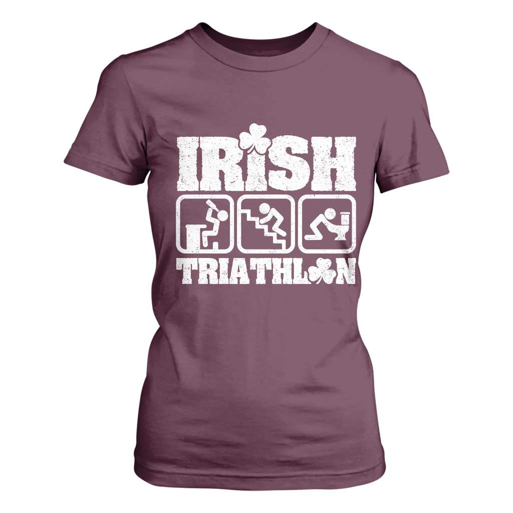 Irish Triathlon Funny Drinking Challenge T Shirt For Women St Patricks Day Beer Party Humor TS02 Maroon Print Your Wear