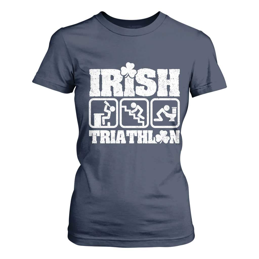 Irish Triathlon Funny Drinking Challenge T Shirt For Women St Patricks Day Beer Party Humor TS02 Navy Print Your Wear