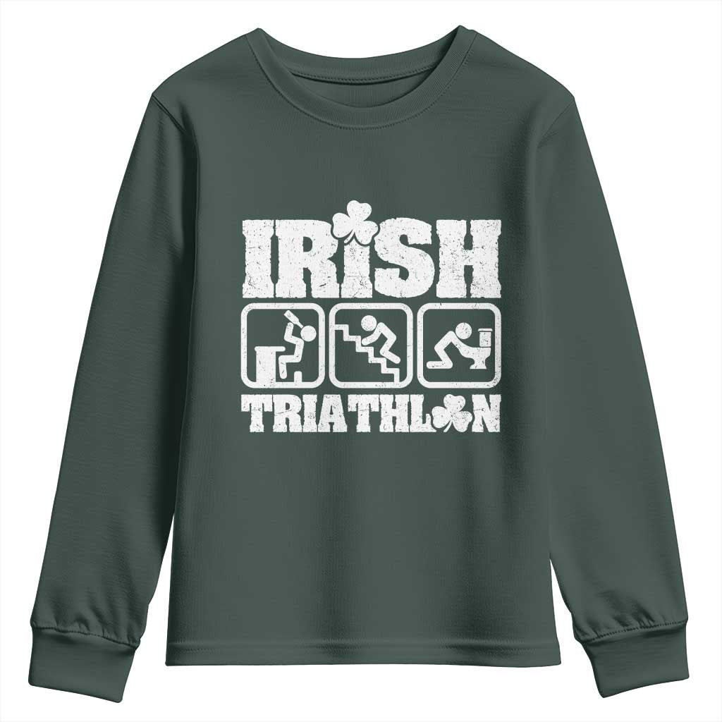 Irish Triathlon Funny Drinking Challenge Youth Sweatshirt St Patricks Day Beer Party Humor TS02 Dark Forest Green Print Your Wear