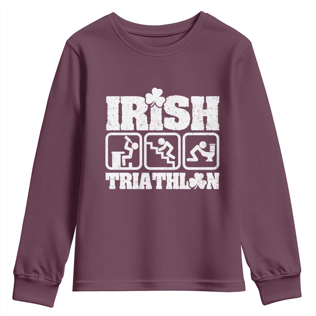 Irish Triathlon Funny Drinking Challenge Youth Sweatshirt St Patricks Day Beer Party Humor TS02 Maroon Print Your Wear