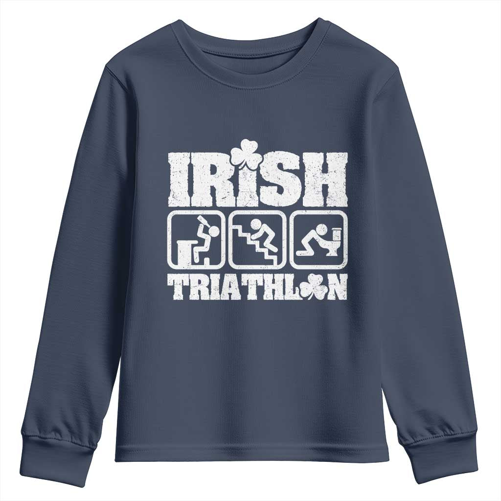 Irish Triathlon Funny Drinking Challenge Youth Sweatshirt St Patricks Day Beer Party Humor TS02 Navy Print Your Wear